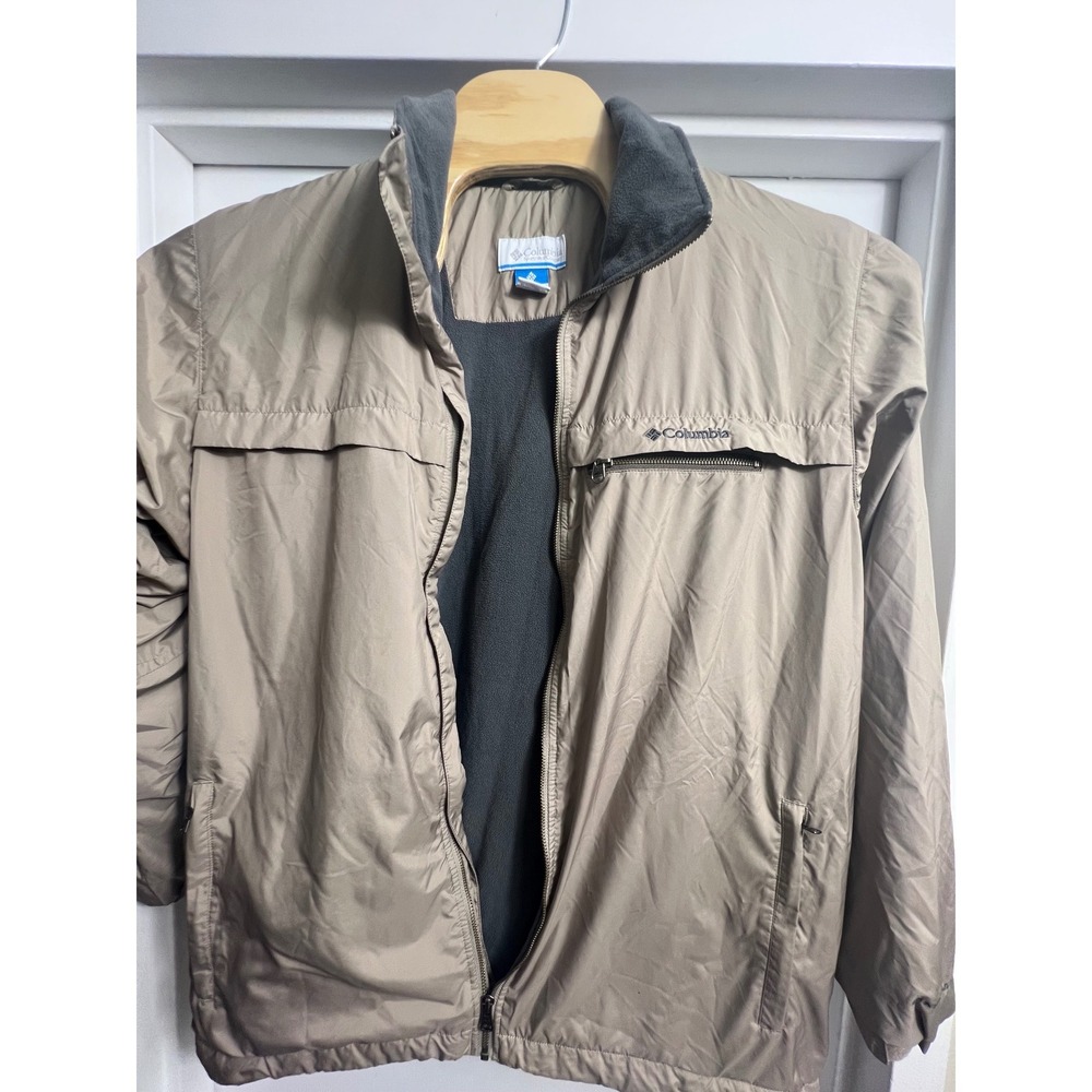 Columbia Mens Large Tan Fleece Lined Windbreaker Jacket Khaki Full Zip Hiking